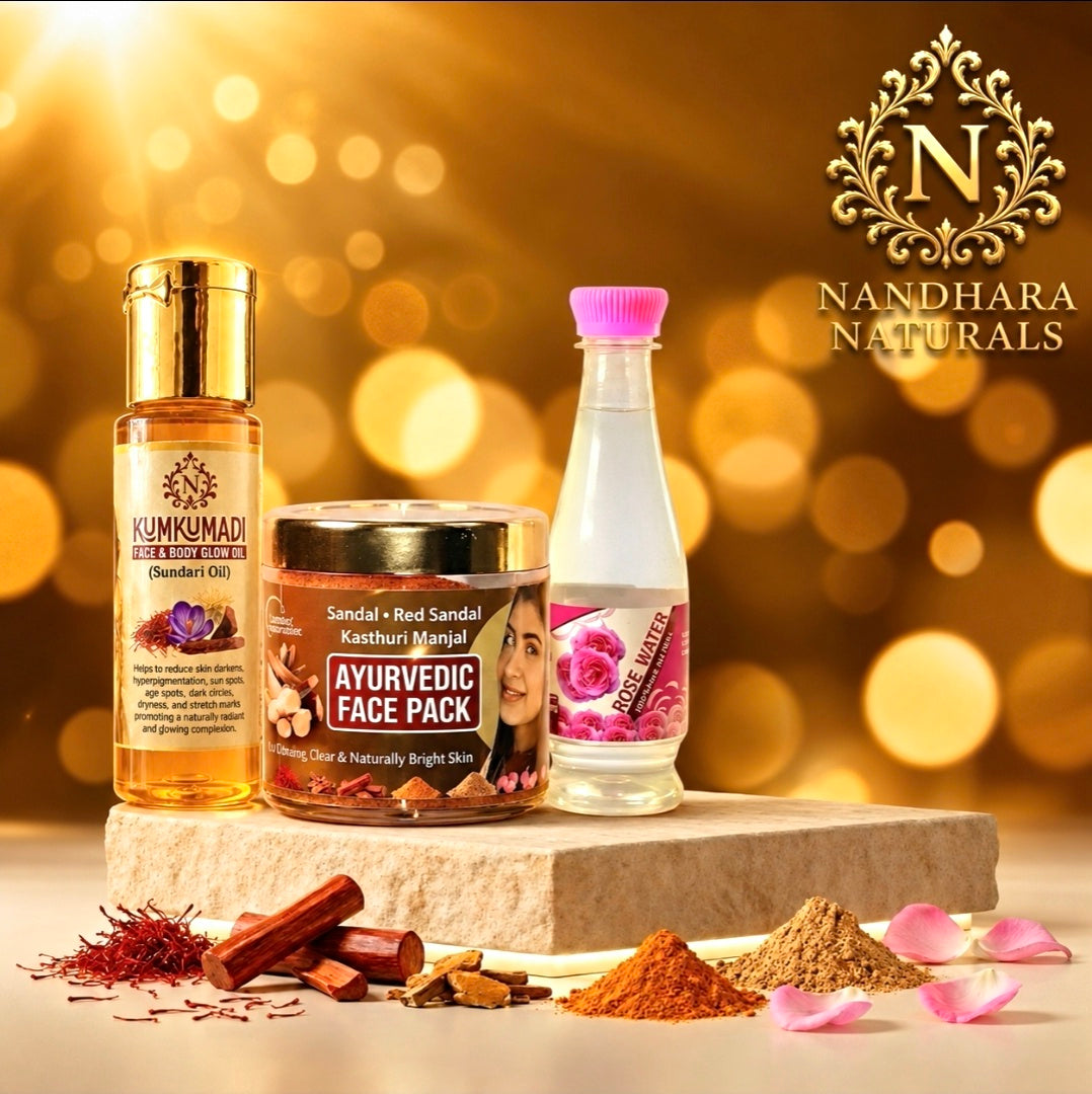 Kumkumadi Body Glow Oil (30ml)+Face pack (50gm)+Rose Water (200ml) Combo