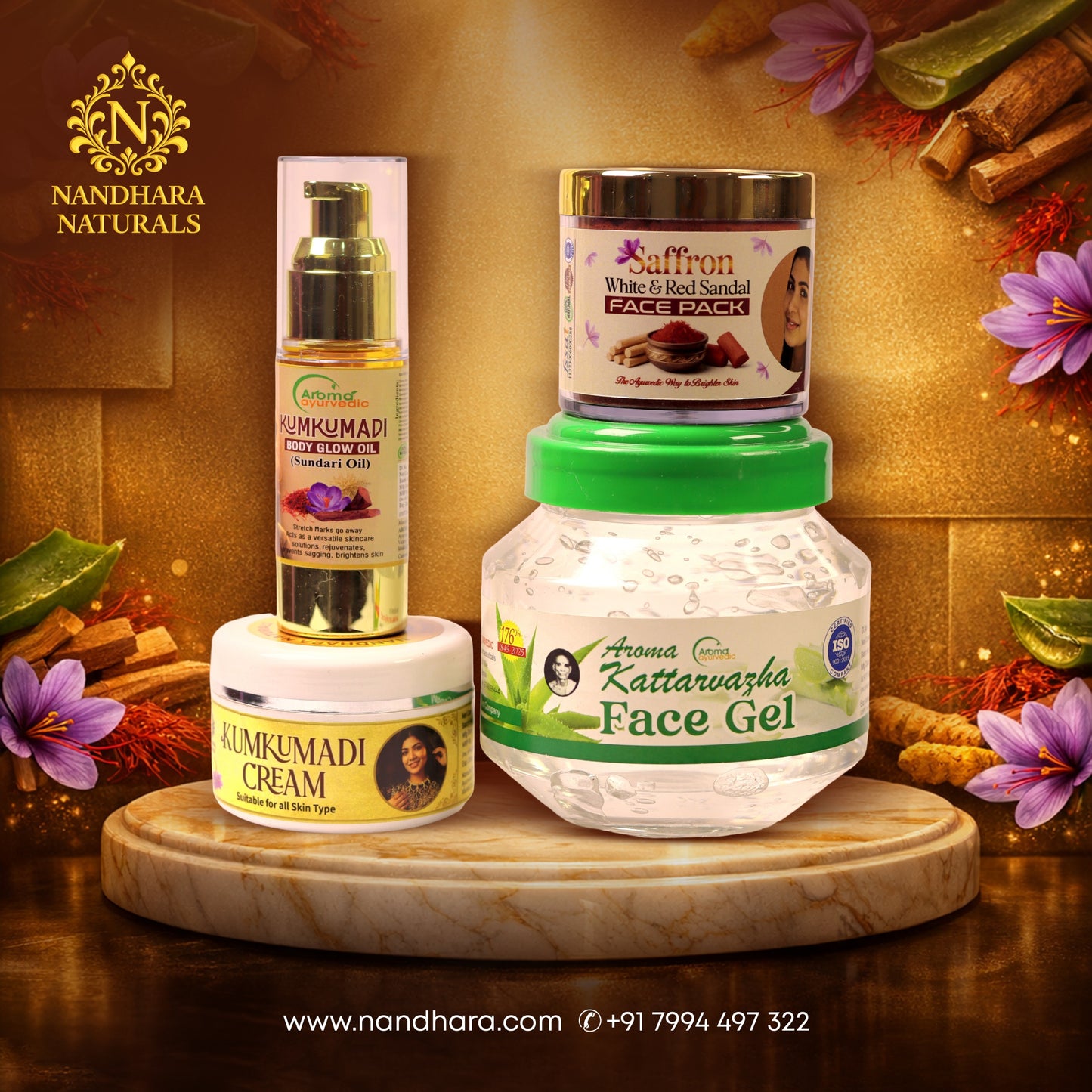 kumkumadi glow oil 30ml+ kumkumadi cream 50gm+saffron face pack+aloevera gel 500gm