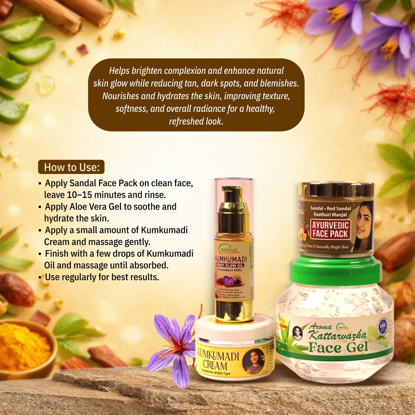 kumkumadi glow oil 30ml+kumkumadi cream 50gm redsandal kasthurimanjal face pack+aloevera gel 500gm