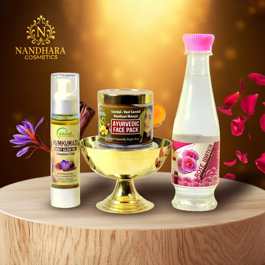 Kumkumadi Body Glow Oil (30ml)+Face pack (50gm)+Rose Water (200ml) Combo